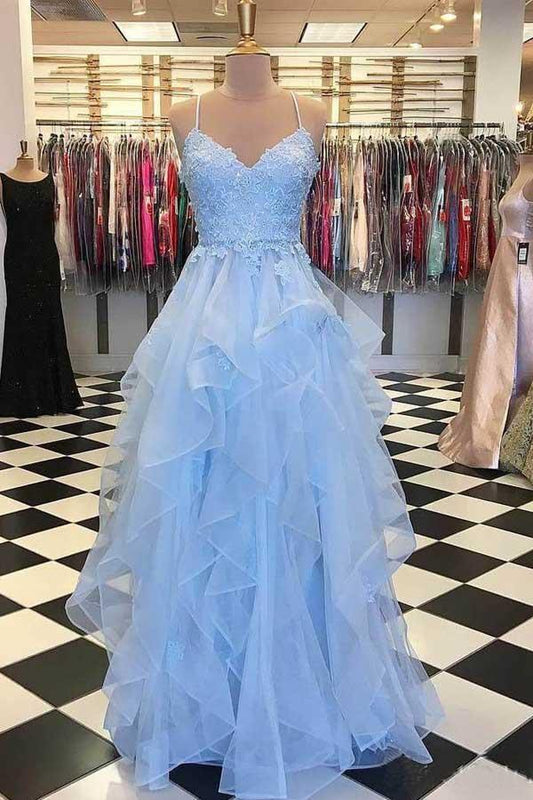 Sky Blue Ruffle Skirt Prom Dresses Spaghetti Strap Junior Prom Dress