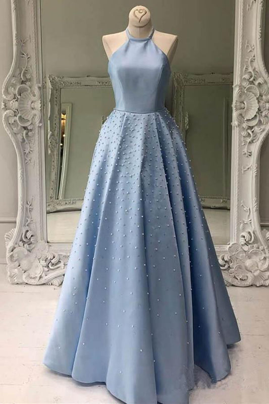 Sky Blue Simple Satin Long Prom Dresses Pearl Skirt Prom Dress with Pocket