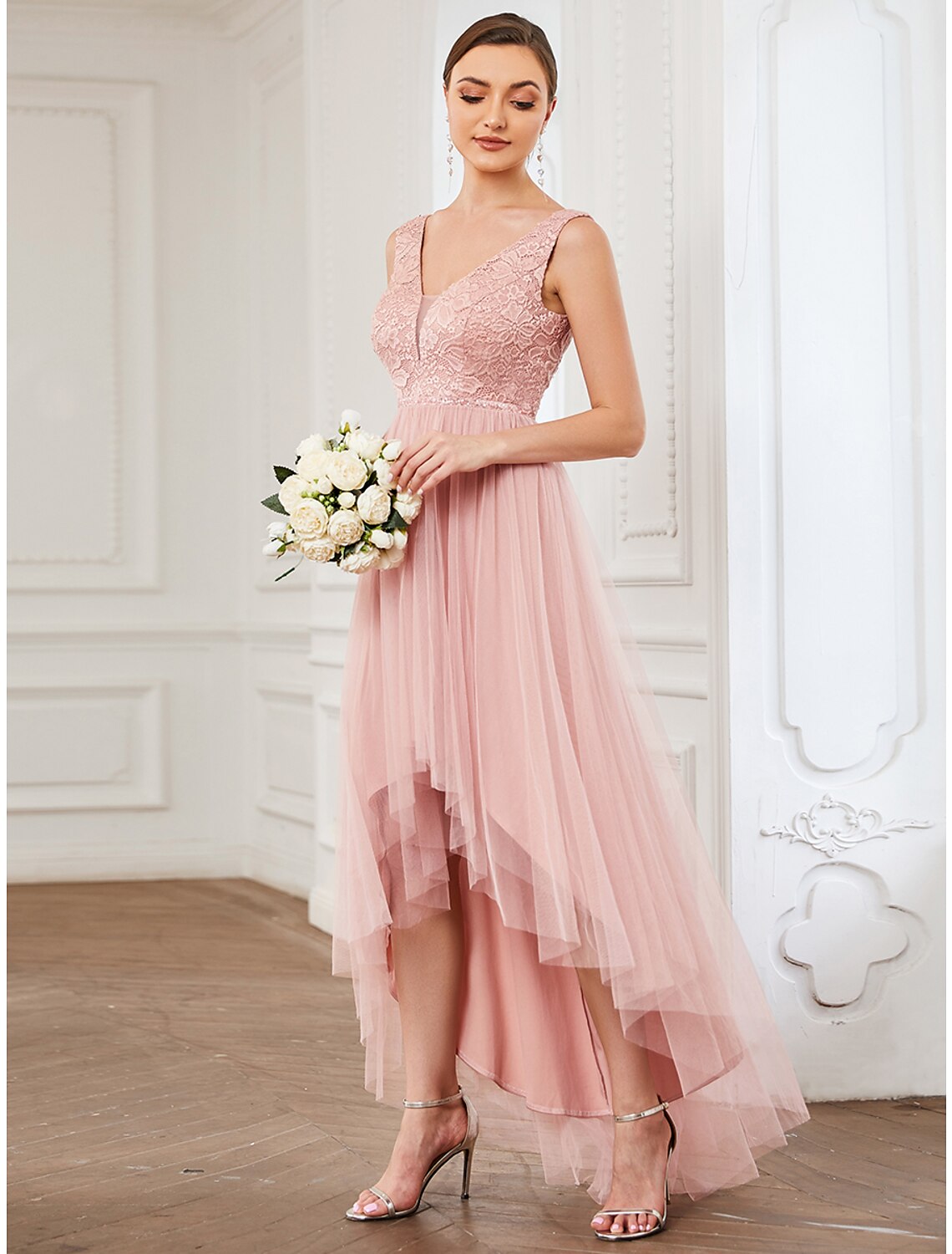 A-Line Bridesmaid Dress V Neck Sleeveless Elegant Short / Mini Lace / Tulle with Draping / Ruching