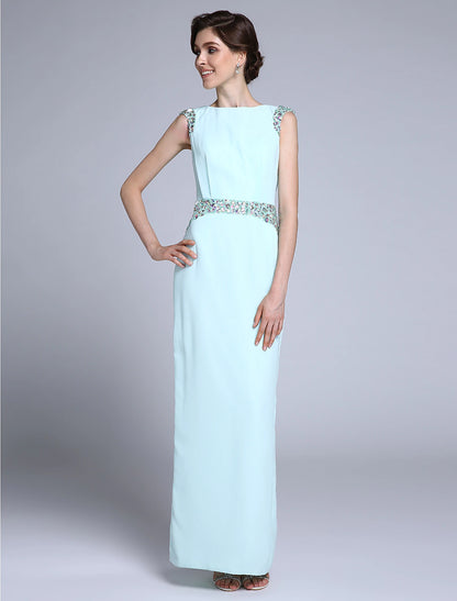 Sheath / Column Mother of the Bride Dress Elegant Bateau Neck Ankle Length Chiffon Sleeveless No with Crystals