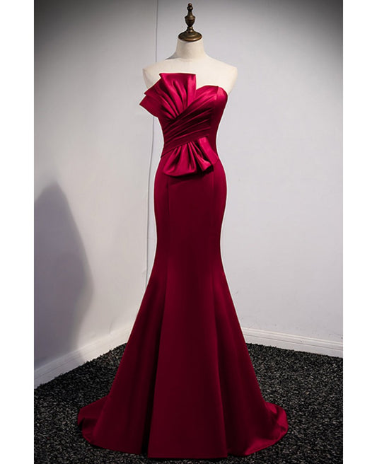 A noble and minimalist wine red sleeveless off shoulder ball dress with wine red strapless backless straps and ground length fishtail evening dress