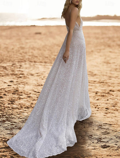 Beach Open Back Casual Wedding Dresses A-Line Camisole V Neck Sleeveless Sweep / Brush Train Sequined Bridal Gowns With Beading