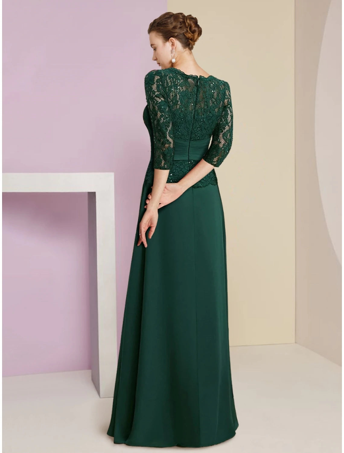 A-Line Mother of the Bride Dress Wedding Guest Elegant Scoop Neck Floor Length Stretch Chiffon 3/4 Length Sleeve with Lace Sequin Ruching