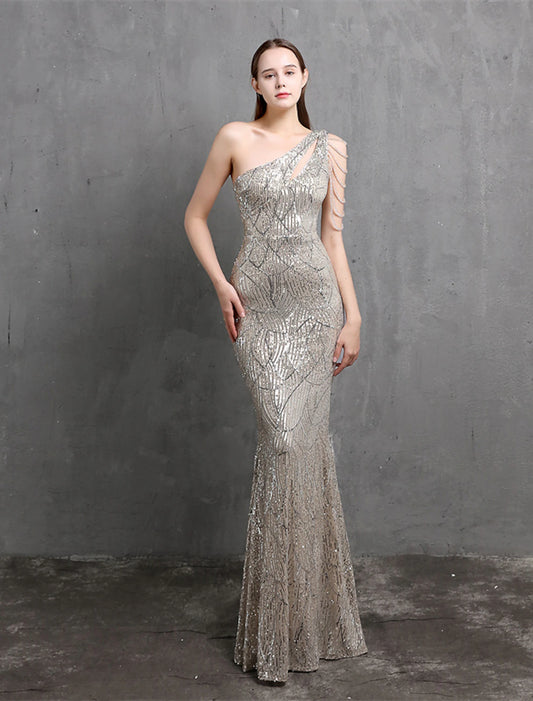 Mermaid / Trumpet Evening Gown Sparkle & Shine Dress Formal Floor Length Short Sleeve One Shoulder Sequined with Sequin