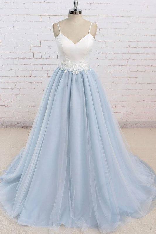 Elegant light blue chiffon fine shoulder strap off the shoulder sweep tail off the back ball dress