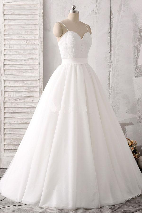 Elegant thin shoulder straps sweet floor mopping white satin and floor length wedding dress