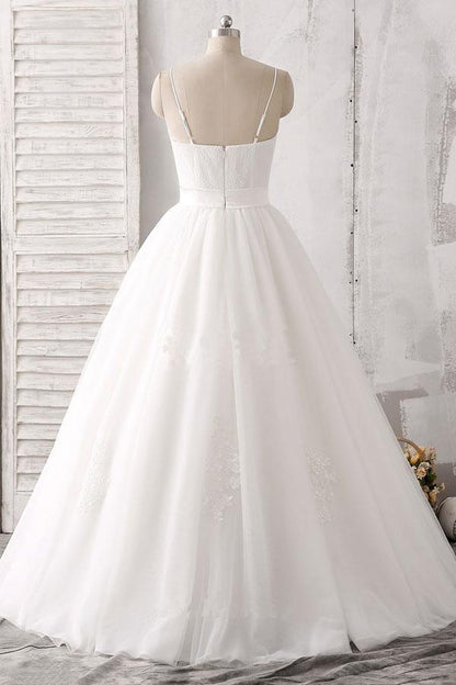 Elegant thin shoulder straps sweet floor mopping white satin and floor length wedding dress