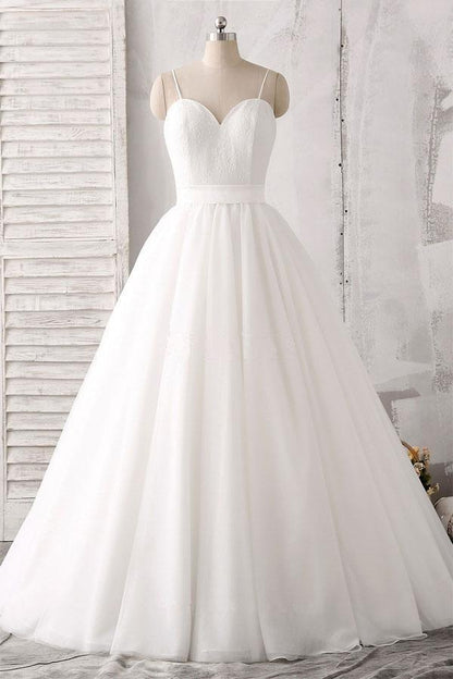 Elegant thin shoulder straps sweet floor mopping white satin and floor length wedding dress