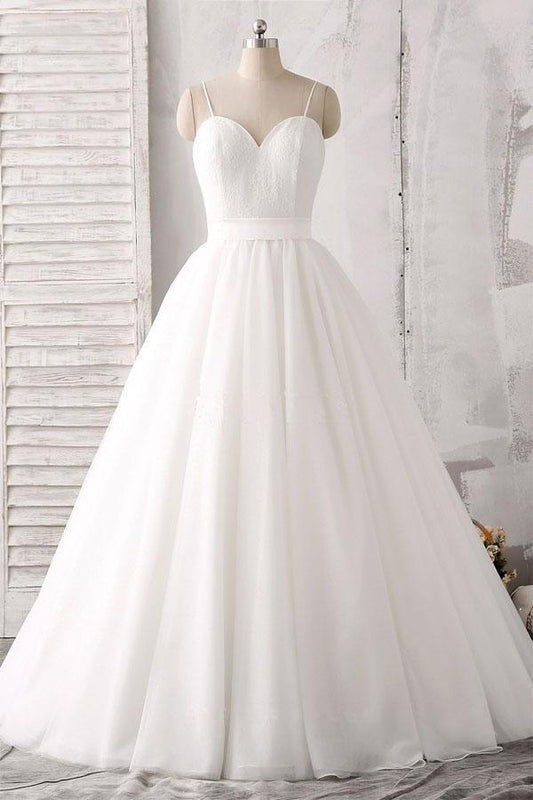 Elegant thin shoulder straps sweet floor mopping white satin and floor length wedding dress