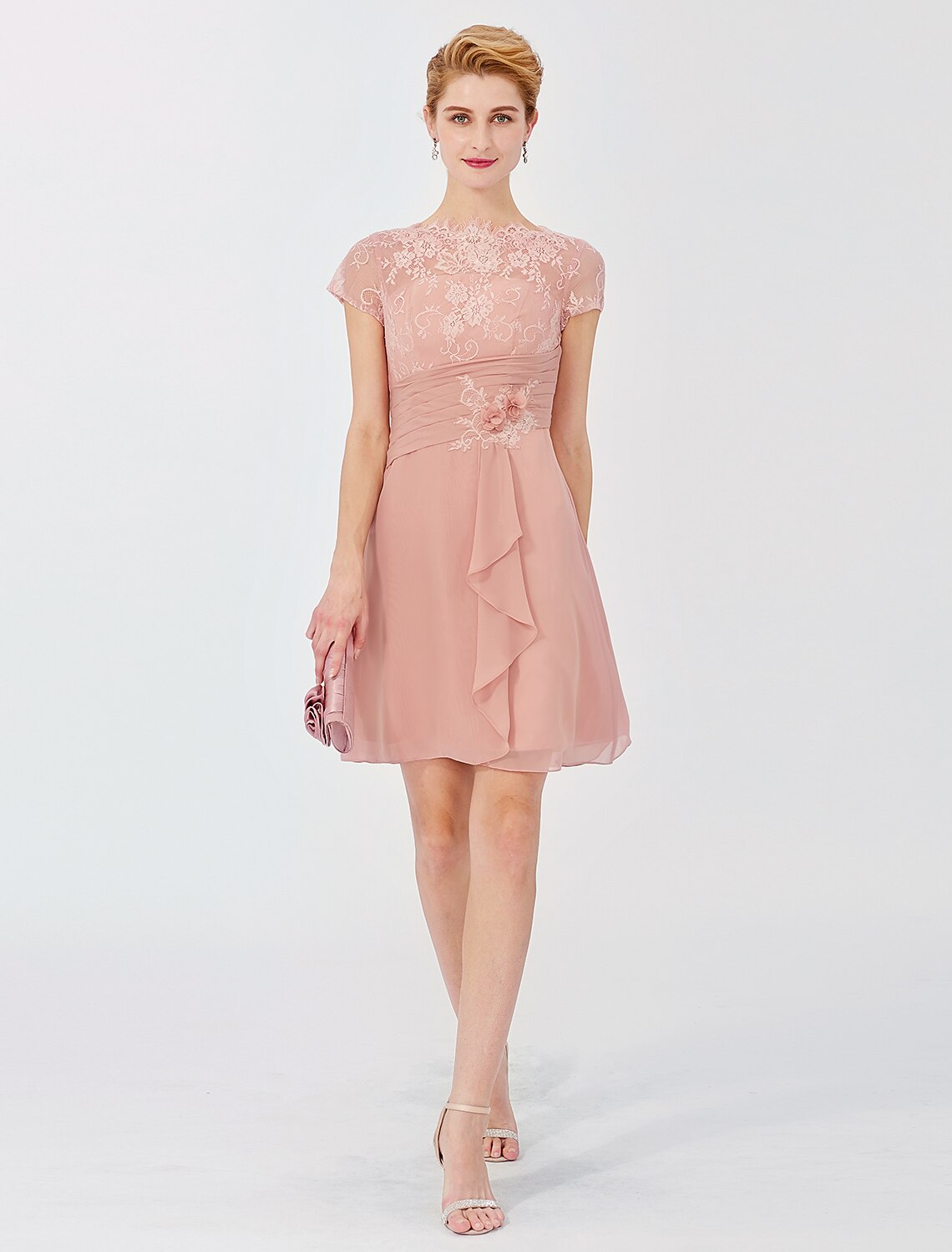 A-Line Illusion Neck Short / Mini Chiffon / Sheer Lace Mother of the Bride Dress with Side Draping / Flower/ Illusion Sleeve / See Through