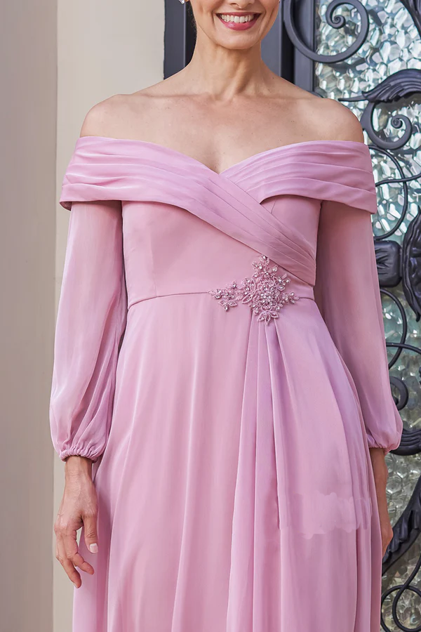 Beautiful chiffon A-line dress with pleated portrait asymmetrical neckline and bishop sleeves mother of the bride dress