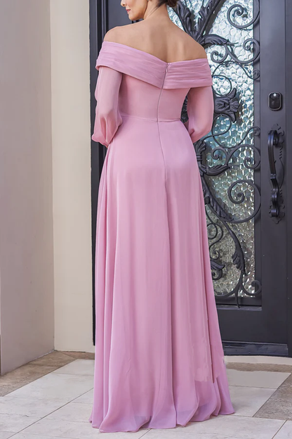 Beautiful chiffon A-line dress with pleated portrait asymmetrical neckline and bishop sleeves mother of the bride dress