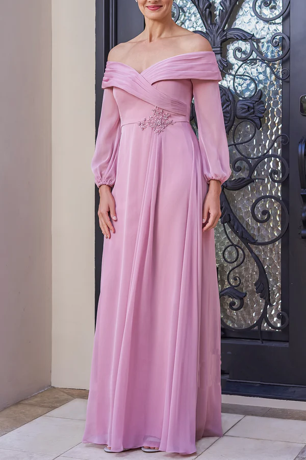 Beautiful chiffon A-line dress with pleated portrait asymmetrical neckline and bishop sleeves mother of the bride dress