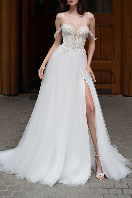 Sexy deep V-neck beaded side slit A-line pastoral wedding dress