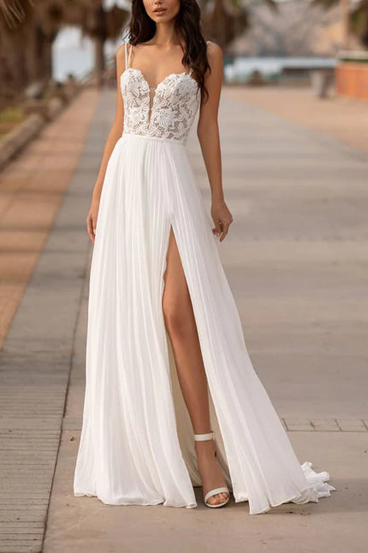 A-neck V-neck lace patch side slit bohemian beach wedding dress