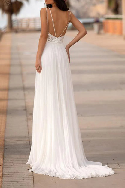 A-neck V-neck lace patch side slit bohemian beach wedding dress