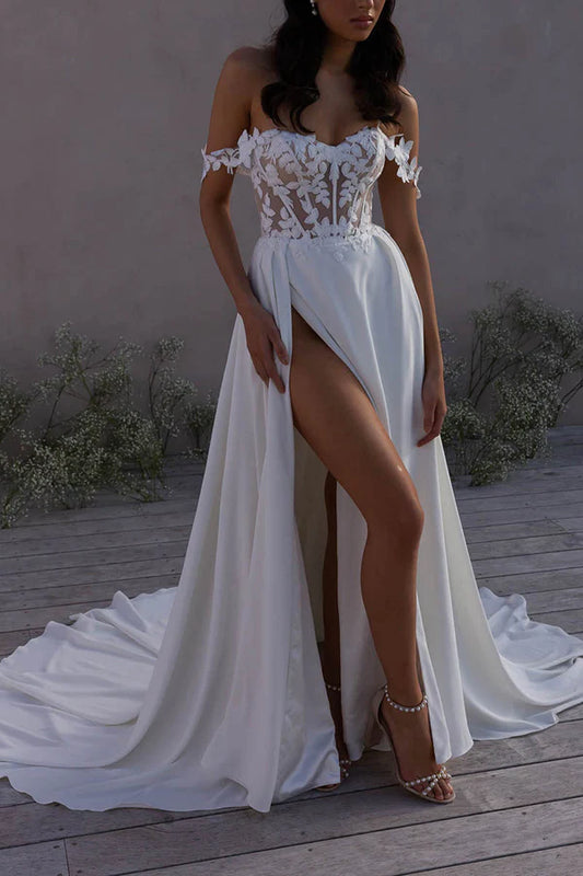 Palace Tail A Line Sweetheart Lace Applique Bohemian Style Wedding Dress