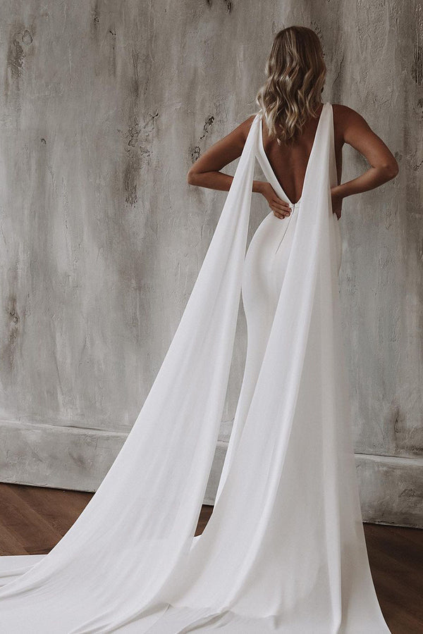 Sexy deep V-neck ivory minimalist fishtail wedding dress