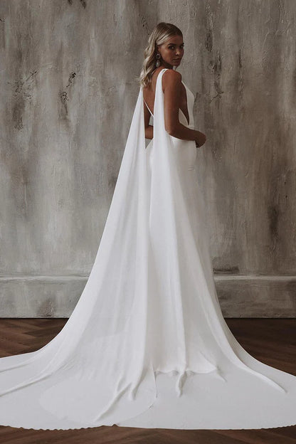 Sexy deep V-neck ivory minimalist fishtail wedding dress