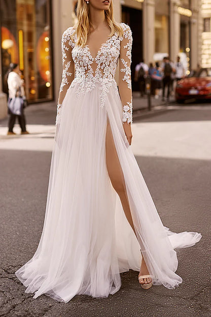 A-line illusion V-neck lace long sleeved Bohemian style slit wedding dress