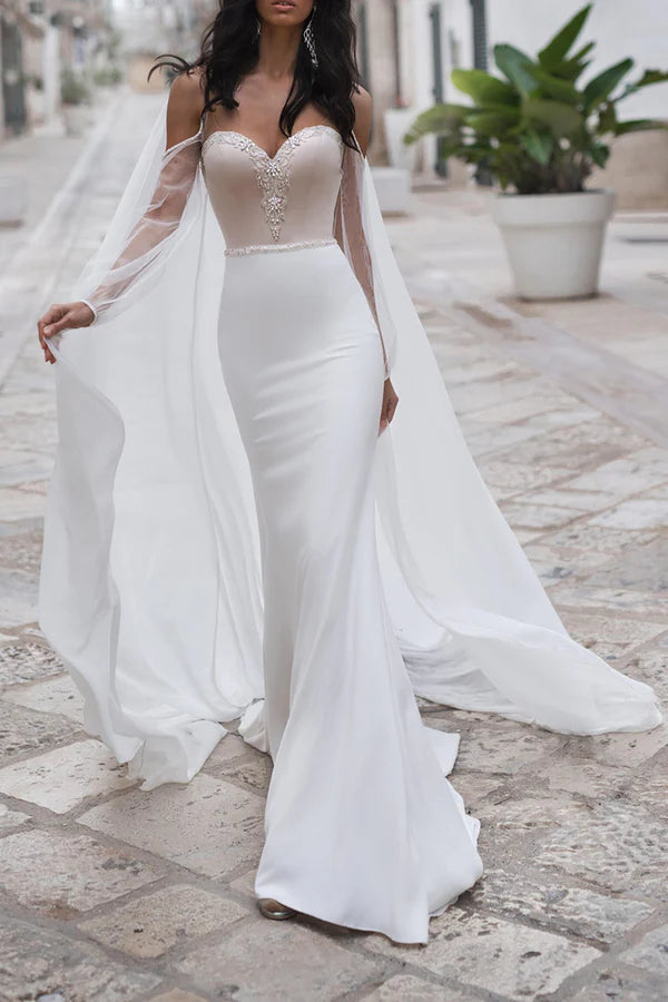 Fish tail wedding dress, sweet pearl bohemian style wedding dress with detachable shawl strap