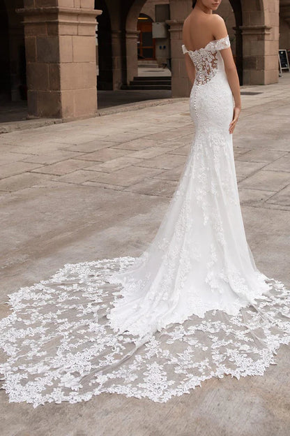 Fishtail Wedding Dress Off the Shoulder Lace Bohemian Style Wedding Dress Palace Train