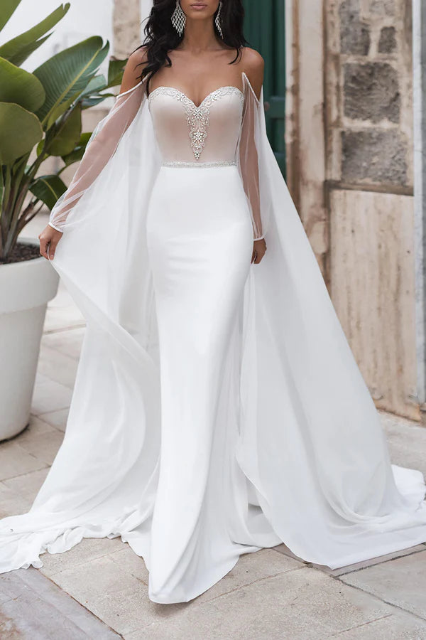 Fish tail wedding dress, sweet pearl bohemian style wedding dress with detachable shawl strap