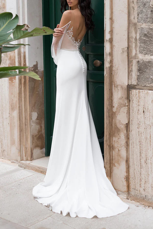 Fish tail wedding dress, sweet pearl bohemian style wedding dress with detachable shawl strap