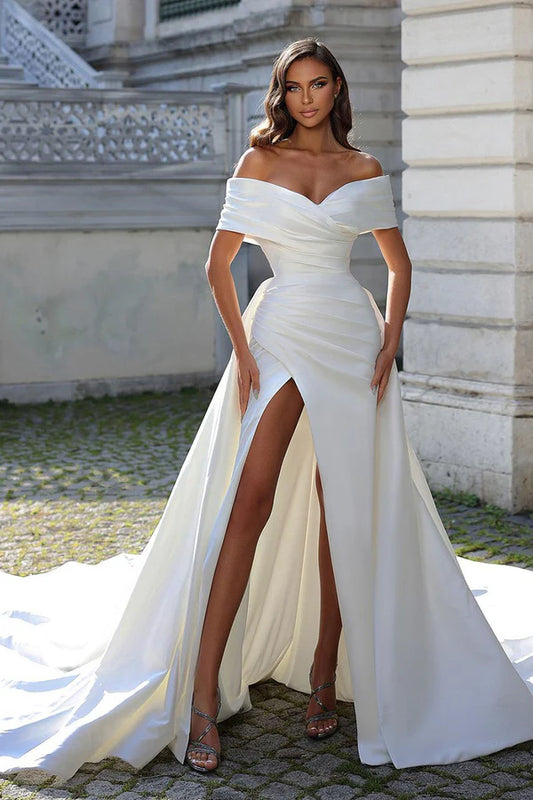 Unique off shoulder high slit satin fishtail wedding dress with detachable hem