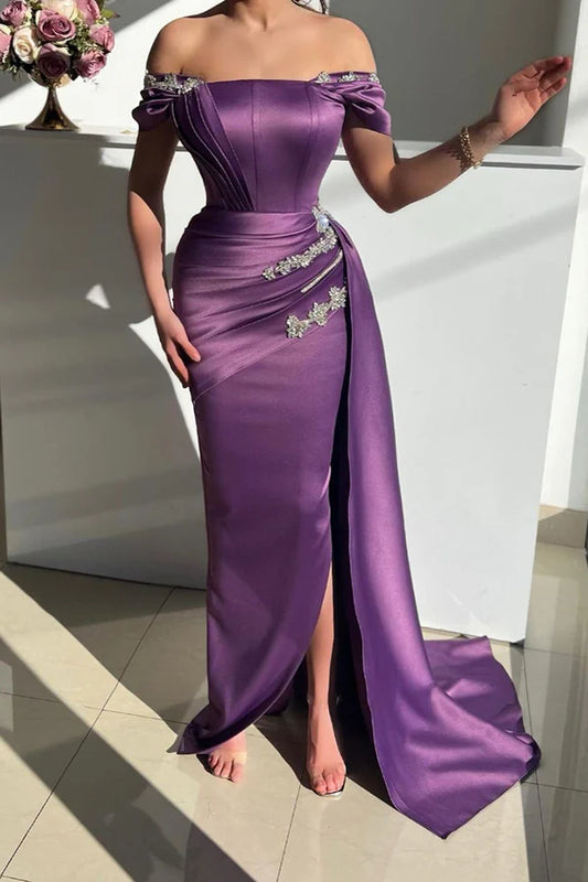 Unique off shoulder satin bead mermaid formal dress with slit Prom dress