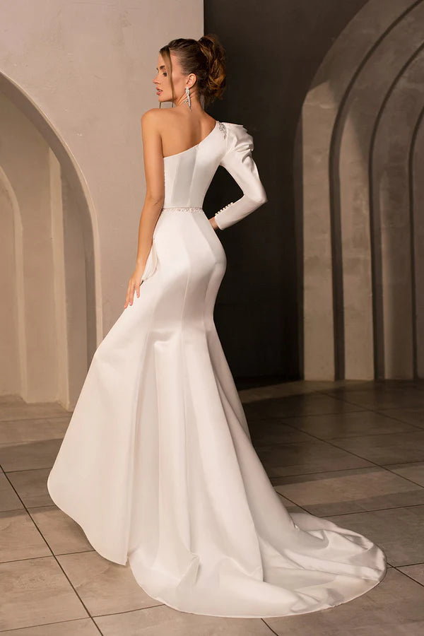 Unique one shoulder long sleeved satin fishtail wedding dress