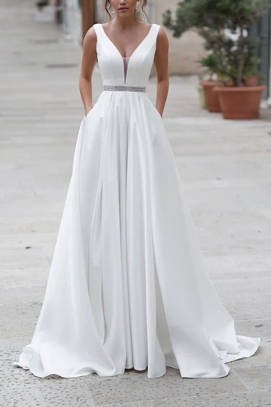 A-shaped deep V-neck satin wedding dress with pockets court tail minimalist bride dress