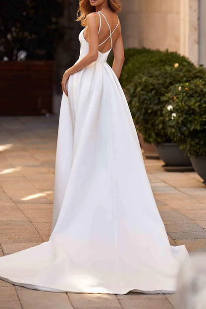 Thin shoulder strap bohemian style slit satin wedding dress