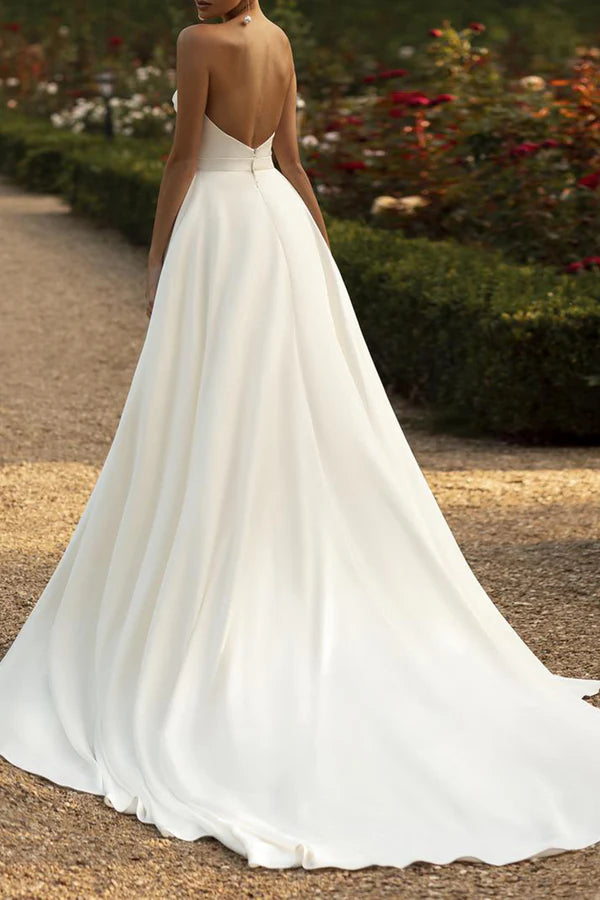 Fish Tail Wedding Dress Sweetheart Satin Pleated Simple Bridal Dress with Detachable hem