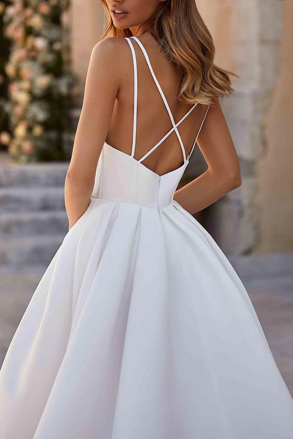 Thin shoulder strap bohemian style slit satin wedding dress