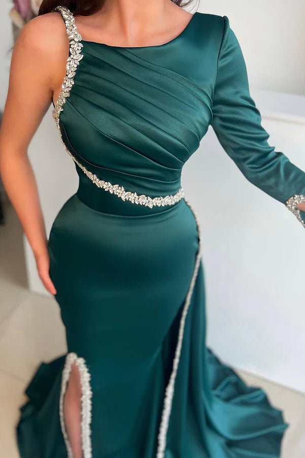 Unique spoon bead long sleeved fish tail formal slit Prom dress