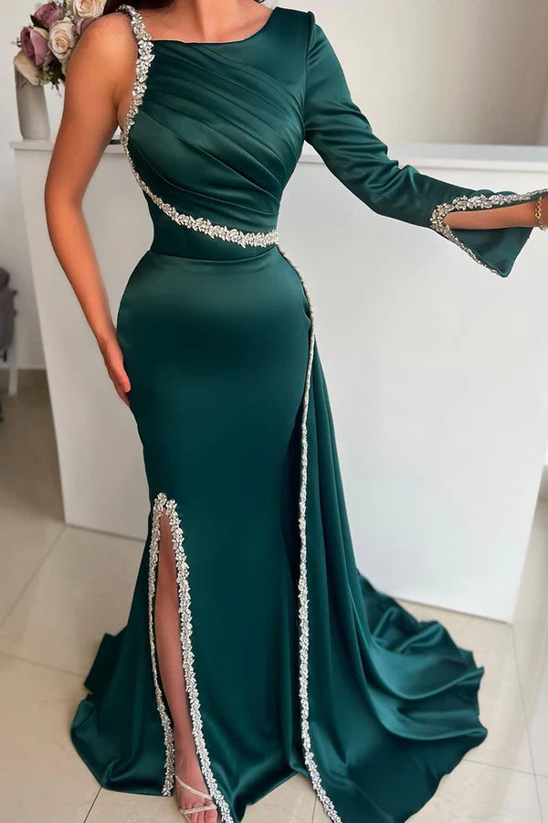 Unique spoon bead long sleeved fish tail formal slit Prom dress