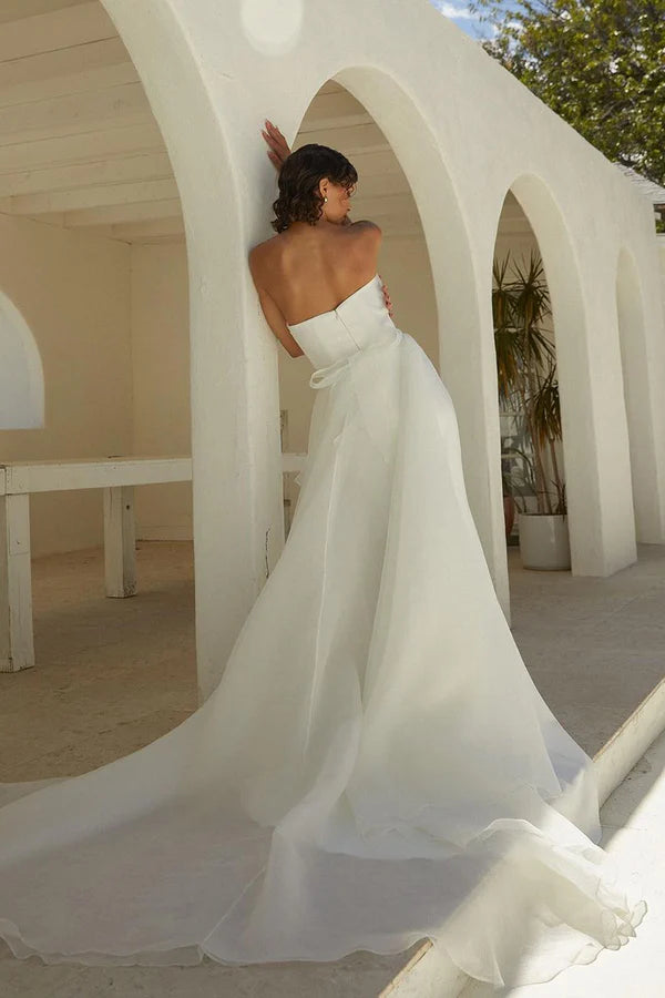 Detachable train without shoulder straps pleated fishtail wedding dress