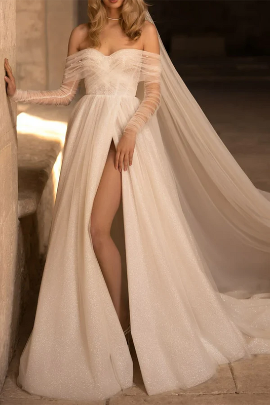 A Line Sweetheart Long sleeved Countryside Style Paired with Palace Train Wedding Dress