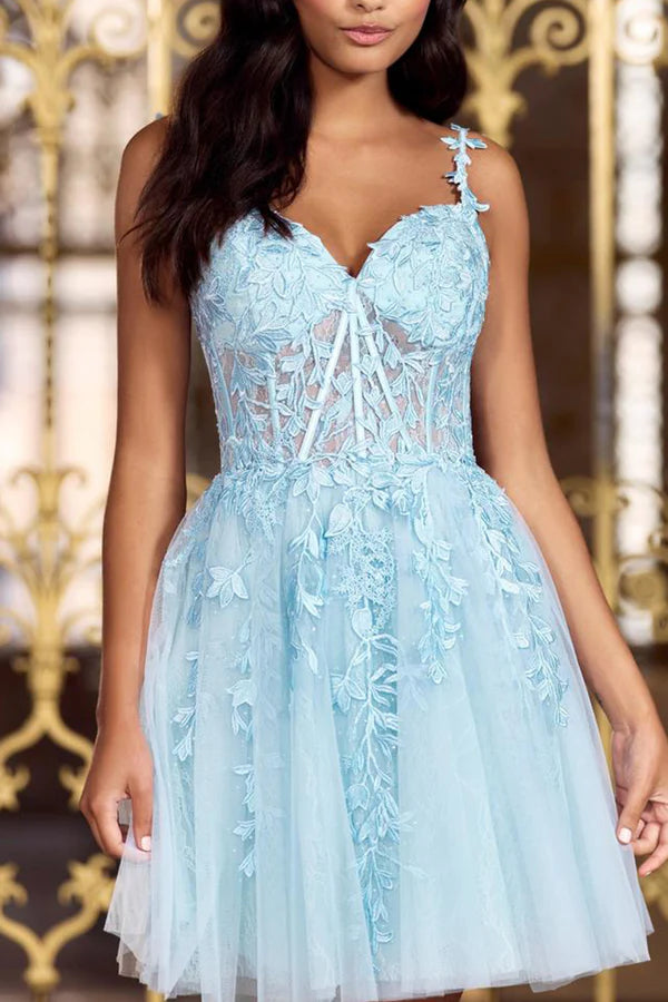 A-line V-neck lace decal short Homecoming dress