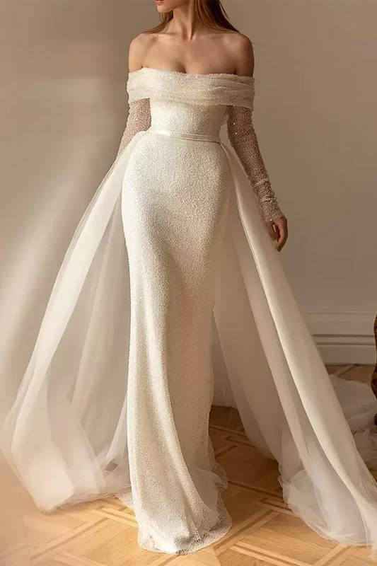 sheath/column off shoulder long sleeves rustic wedding dress