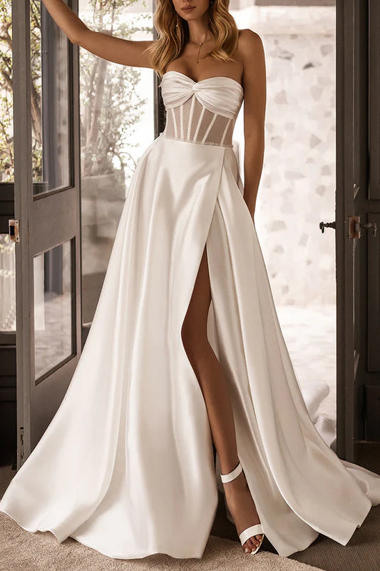 A line sweetheart shaped high slit pocket satin wedding dress