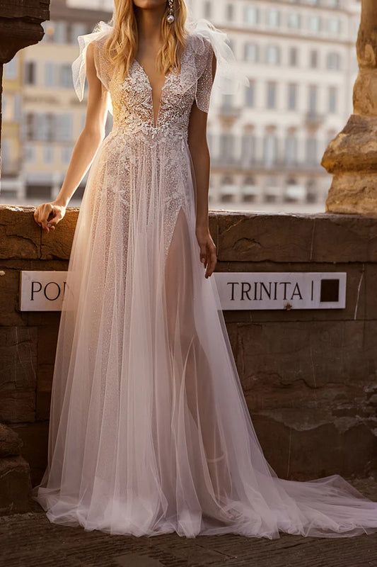 A-shaped Deep V-neck Lace Applique Sparkling Bohemian Wedding Dress