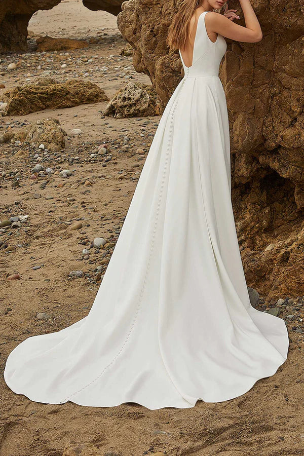 A-line sexy V-neck simple slit satin wedding dress