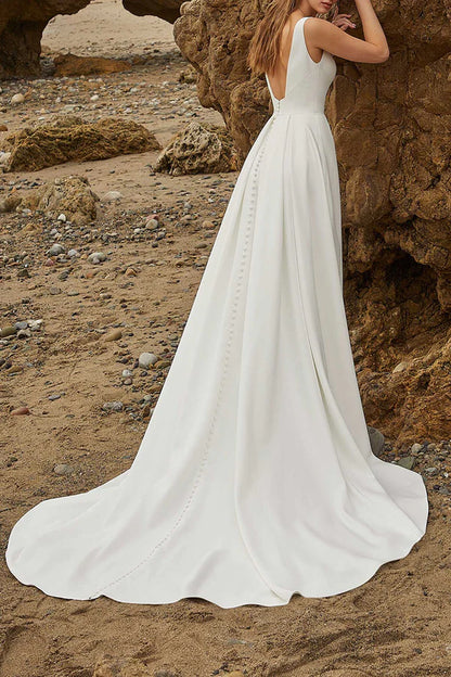 A-line sexy V-neck simple slit satin wedding dress