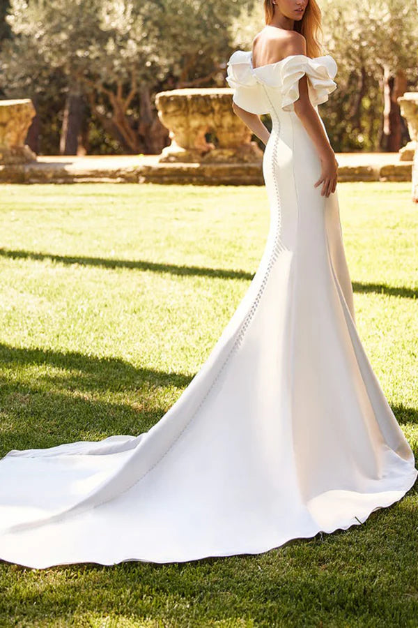 Unique off shoulder ruffled satin fishtail wedding dress paired with court train