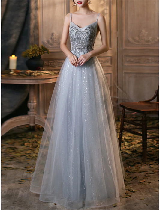 A-Line Prom Dresses Elegant Dress Wedding Guest Prom Floor Length Sleeveless Spaghetti Strap Tulle with Pleats Beading