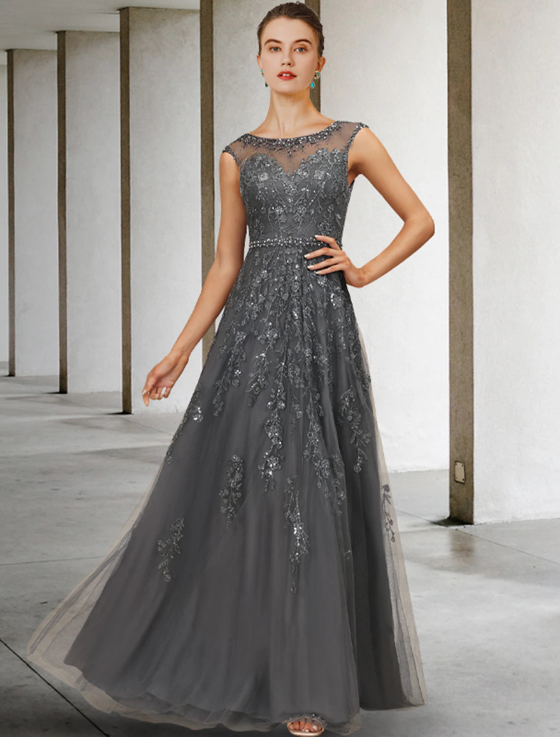 A-Line Mother of the Bride Dress Luxurious Elegant Jewel Neck Floor Le ...