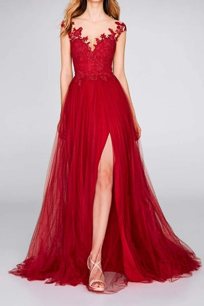 A-line illusion collar lace sticker red long evening dress with side slits elegant mother of the bride dress