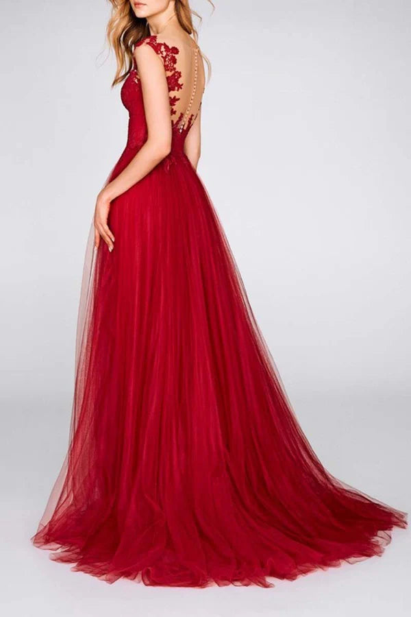 A-line illusion collar lace sticker red long evening dress with side slits elegant mother of the bride dress